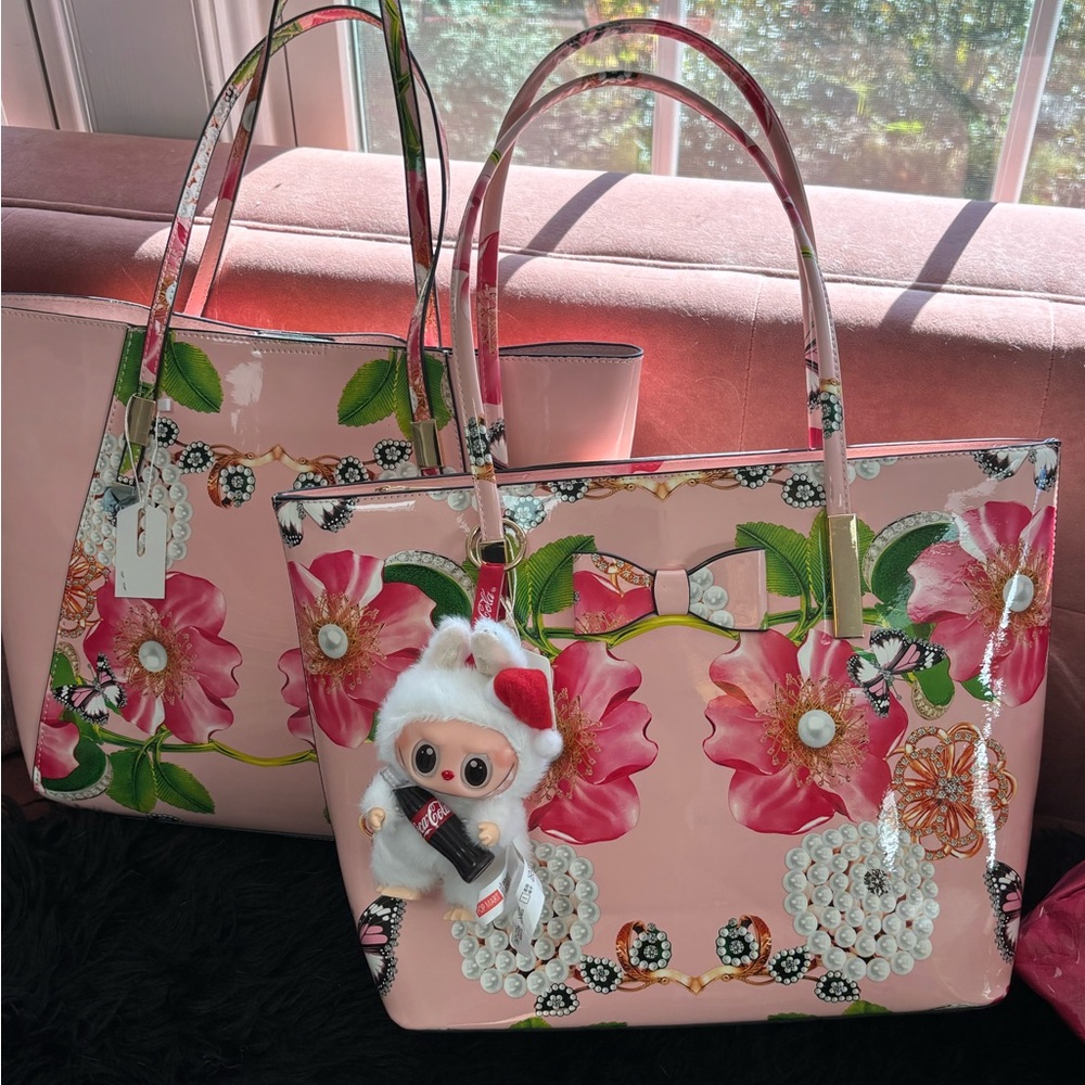 Gorgeous FLORAL Peonies + Pearls Celebration Large Pink Tote satchel Bag w BOW - Picture 8 of 13